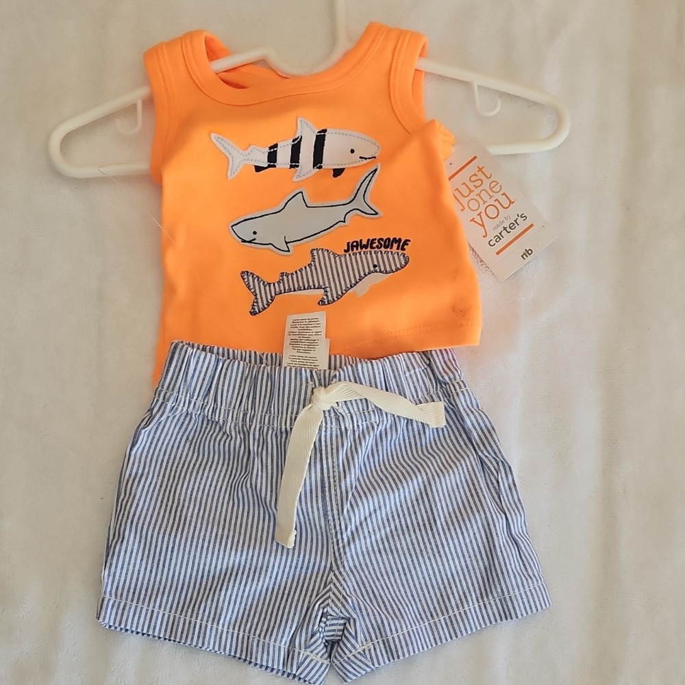 Just One You‎ by Carter's Newborn Shark Tank & Striped Shorts Set Orange Blue